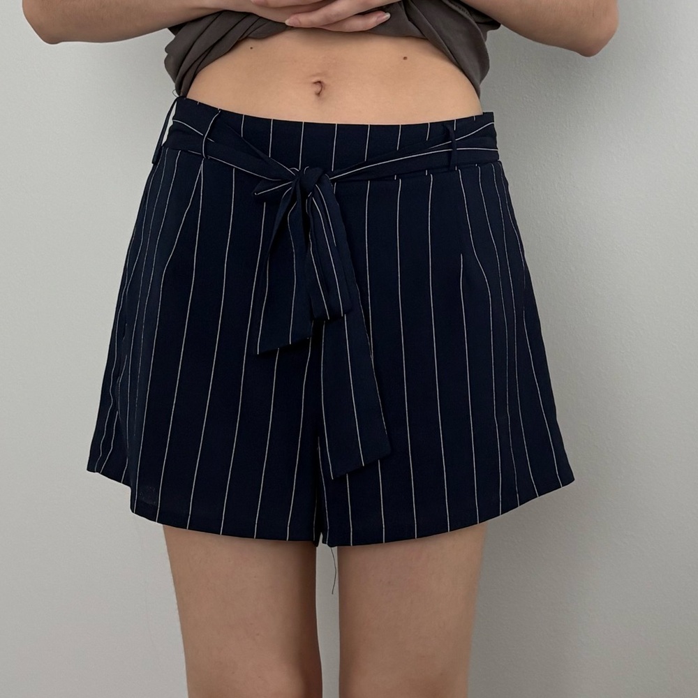 Navy blue pinstripe shorts with tie waist